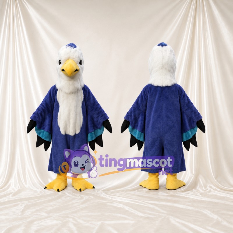 Costume de mascotte Pygargue à tête blanche – bleu – Torse (blanc); Bouts des ailes (noir)