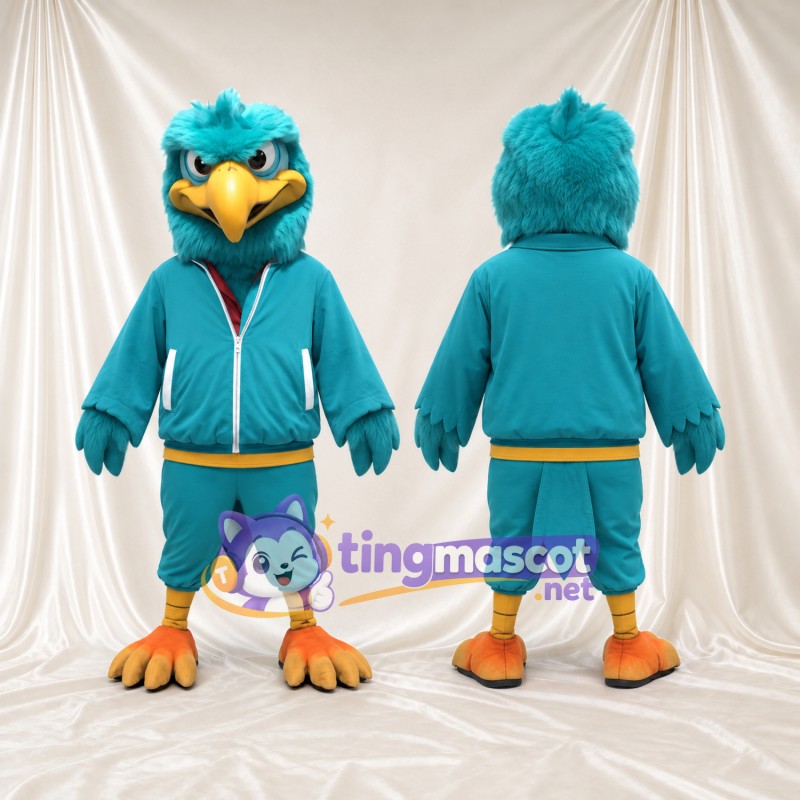 Costume de mascotte Aigle – turquoise – Survêtement (bleu canard); Pieds (orange)
