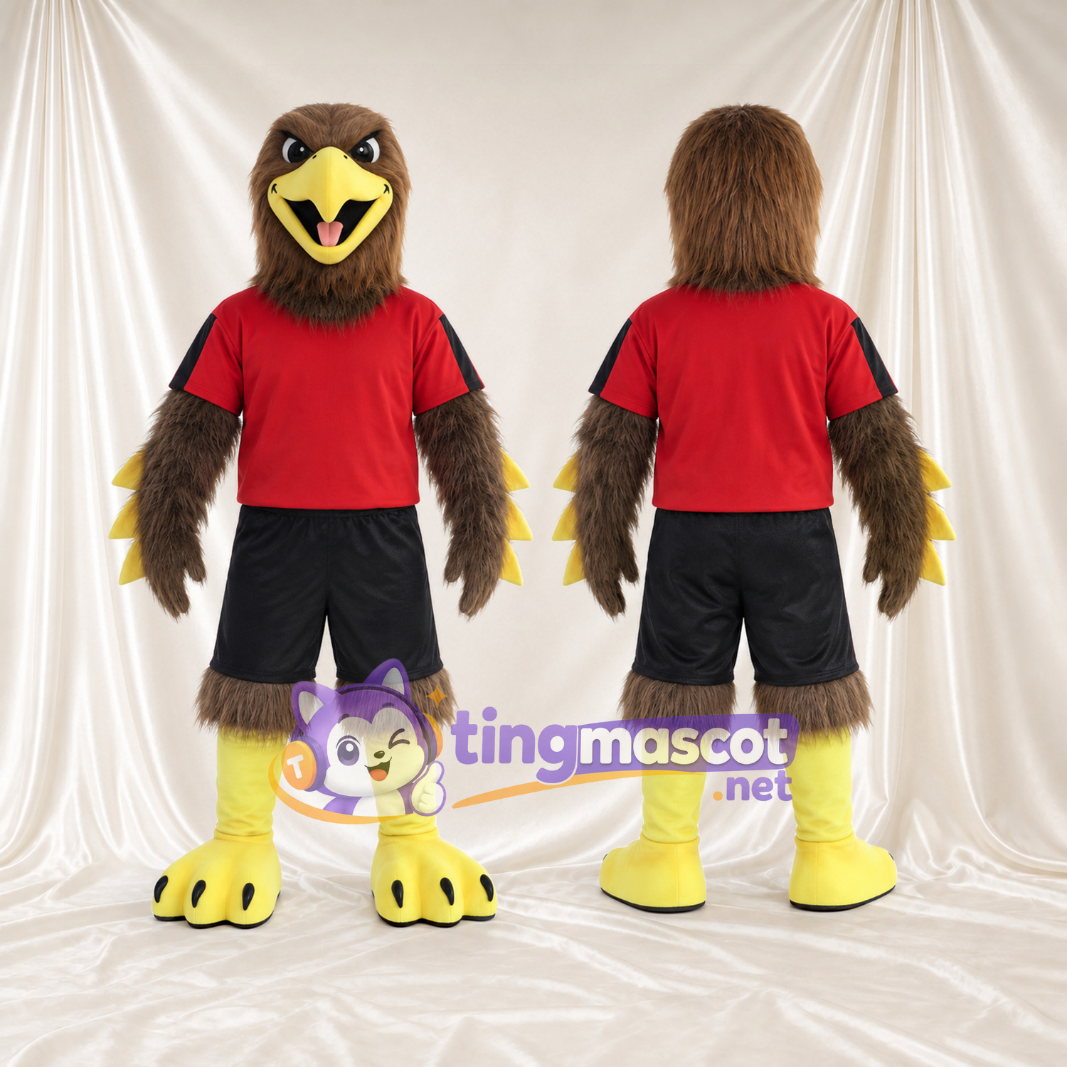 Costume de mascotte Faucon – marron – T-shirt (rouge); Short (noir, de sport) Costume de mascotte Faucon – marron – T-shirt (rouge); Short (noir, de sport)