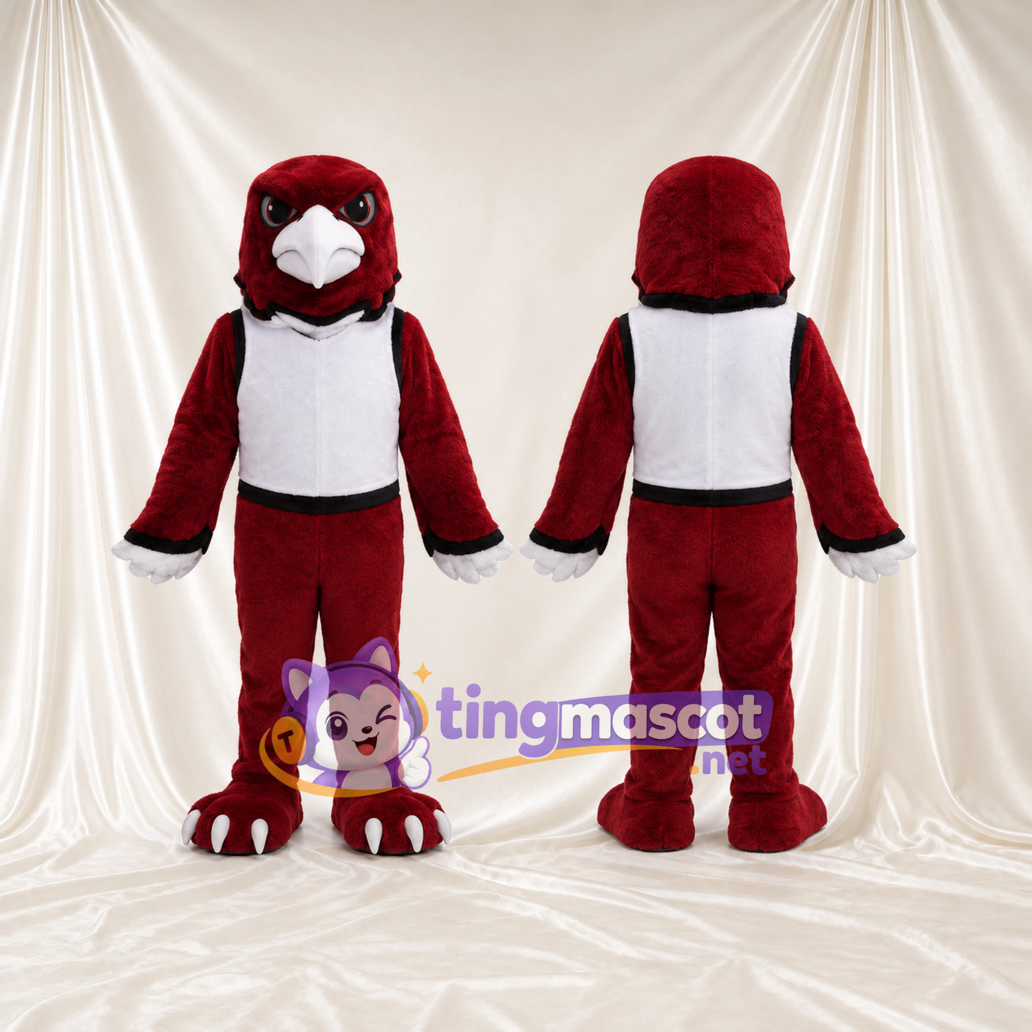 Costume de mascotte Aigle – bordeaux foncé – Gilet de sport (blanc); Bec (blanc) Costume de mascotte Aigle – bordeaux foncé – Gilet de sport (blanc); Bec (blanc)