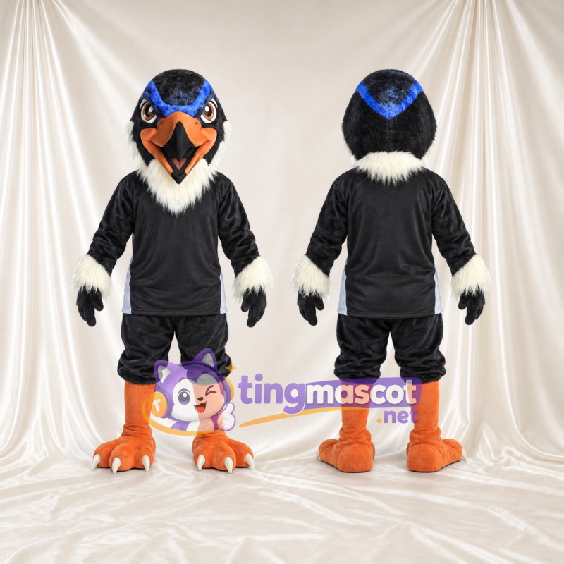 Black Hawk Mascot Costume - Black Sports Outfit and White Neck Feathers