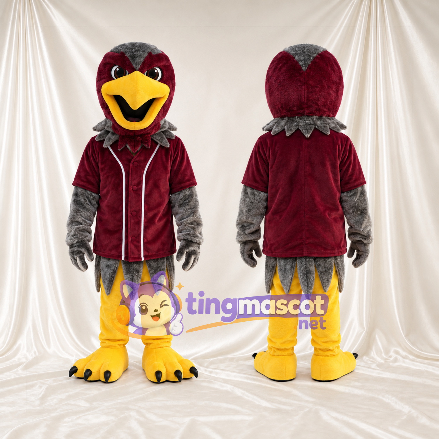 Costume de mascotte Oiseau – bordeaux foncé – Chemise (bordeaux); Ailes (gris) Costume de mascotte Oiseau – bordeaux foncé – Chemise (bordeaux); Ailes (gris)