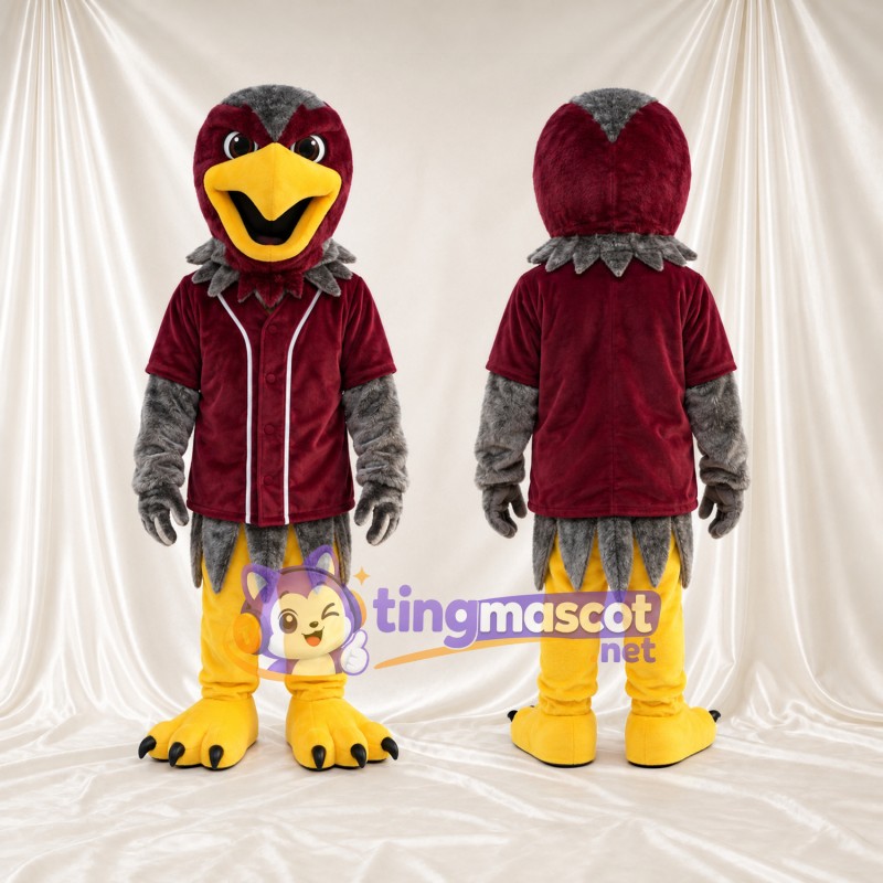 Costume de mascotte Oiseau – bordeaux foncé – Chemise (bordeaux); Ailes (gris)