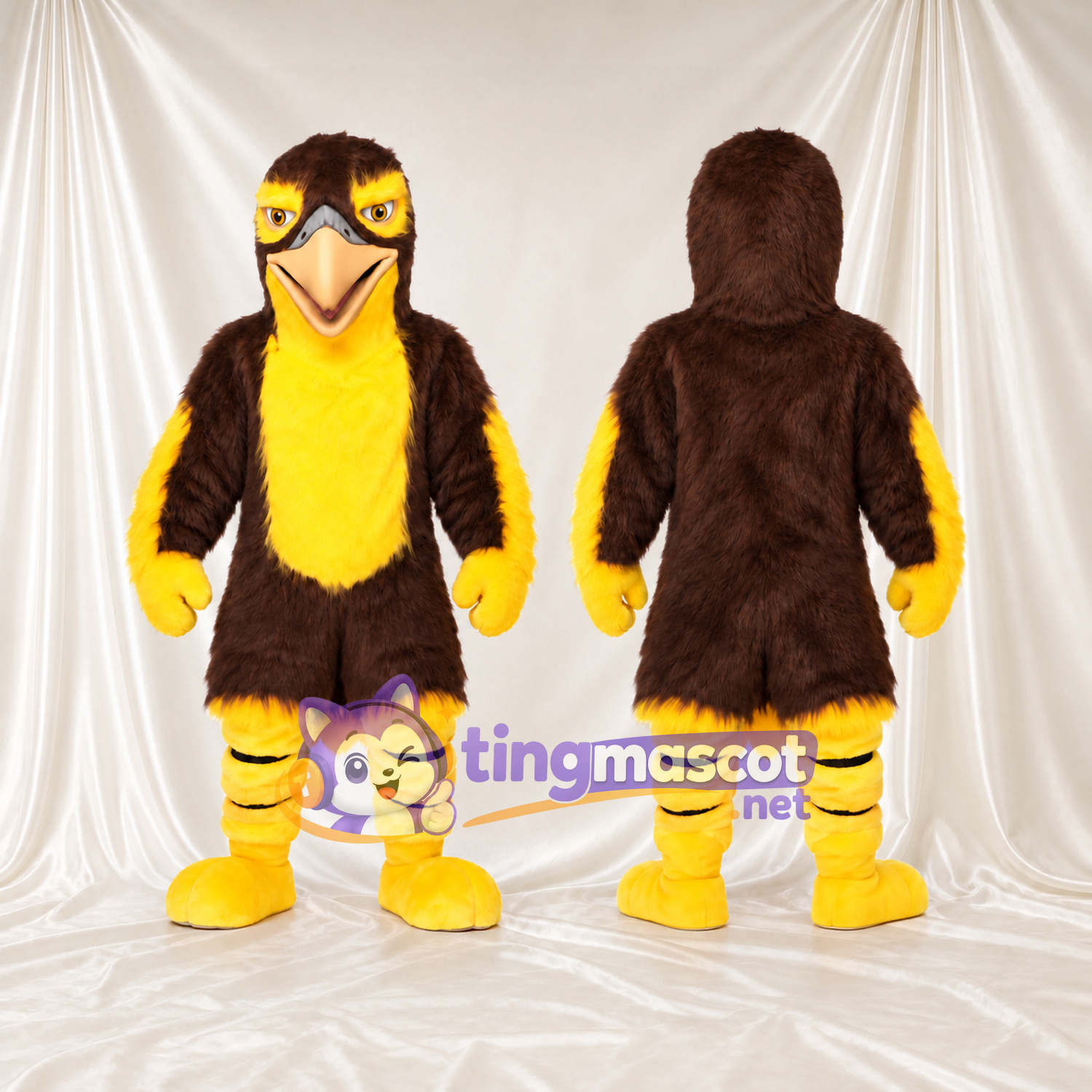 Maskottchenkostüm Habicht – braun – Brust (gelb); Gestreifte Beine Maskottchenkostüm Habicht – braun – Brust (gelb); Gestreifte Beine