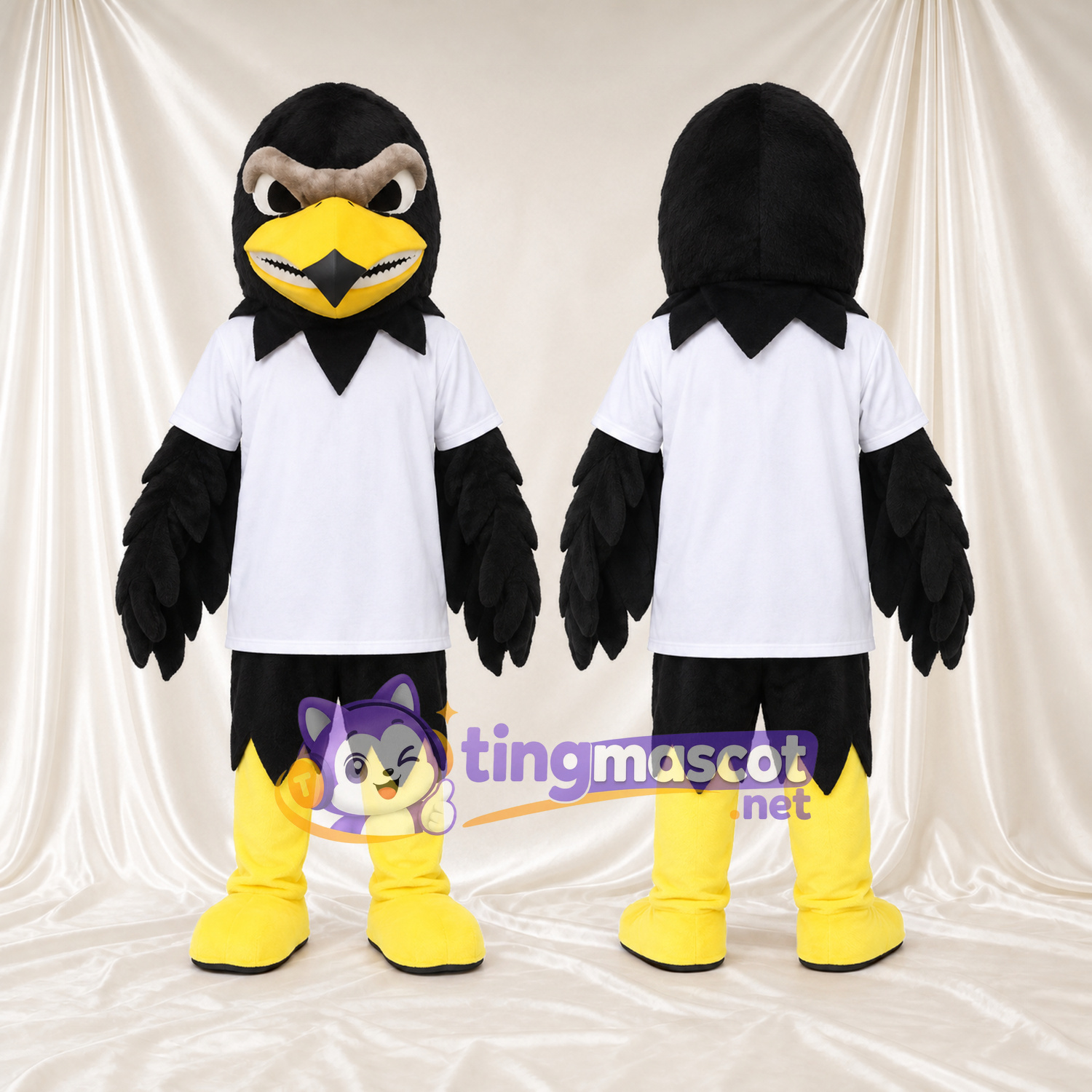 Costume de mascotte Aigle – noir – Polo (blanc); Jambes (jaune) Costume de mascotte Aigle – noir – Polo (blanc); Jambes (jaune)