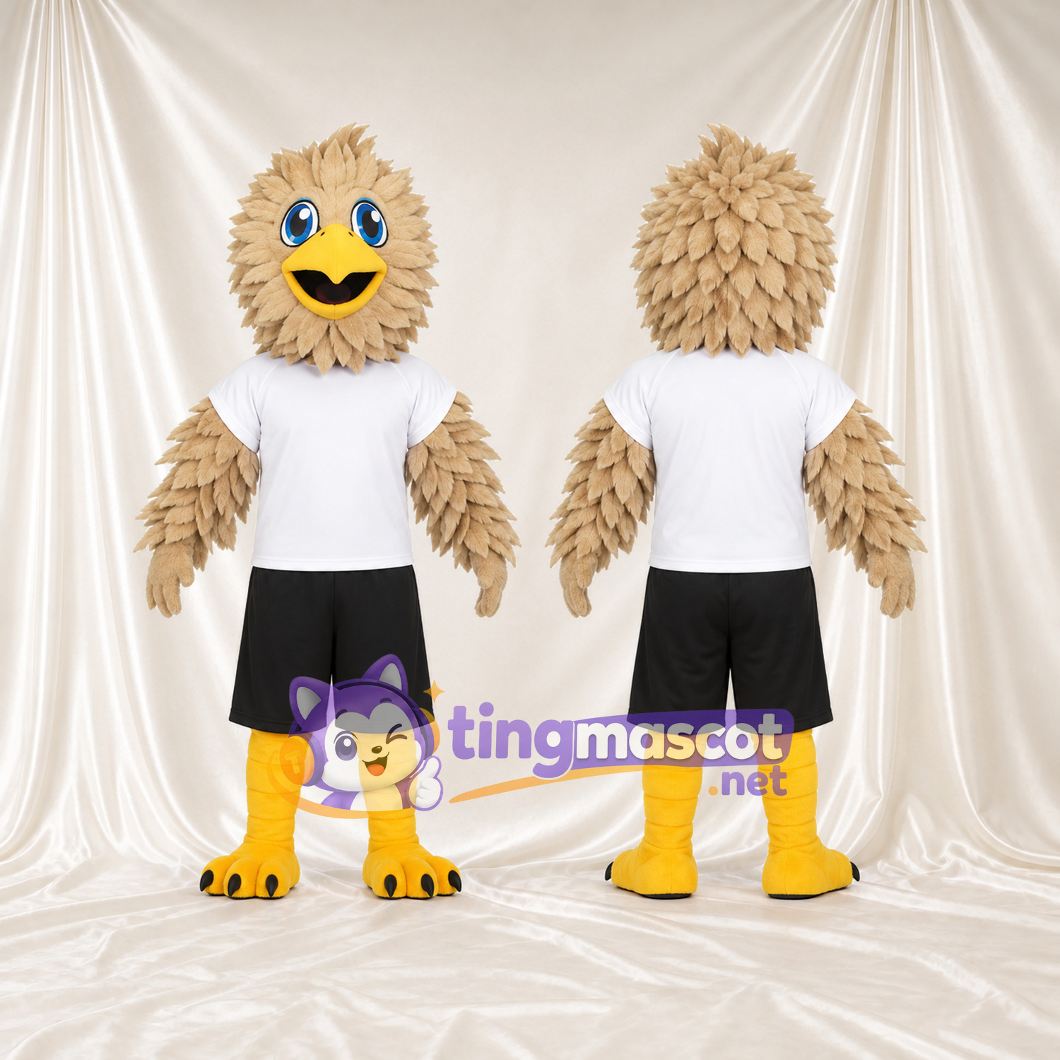 Beige Bird Mascot Costume - White T-Shirt and Black Shorts