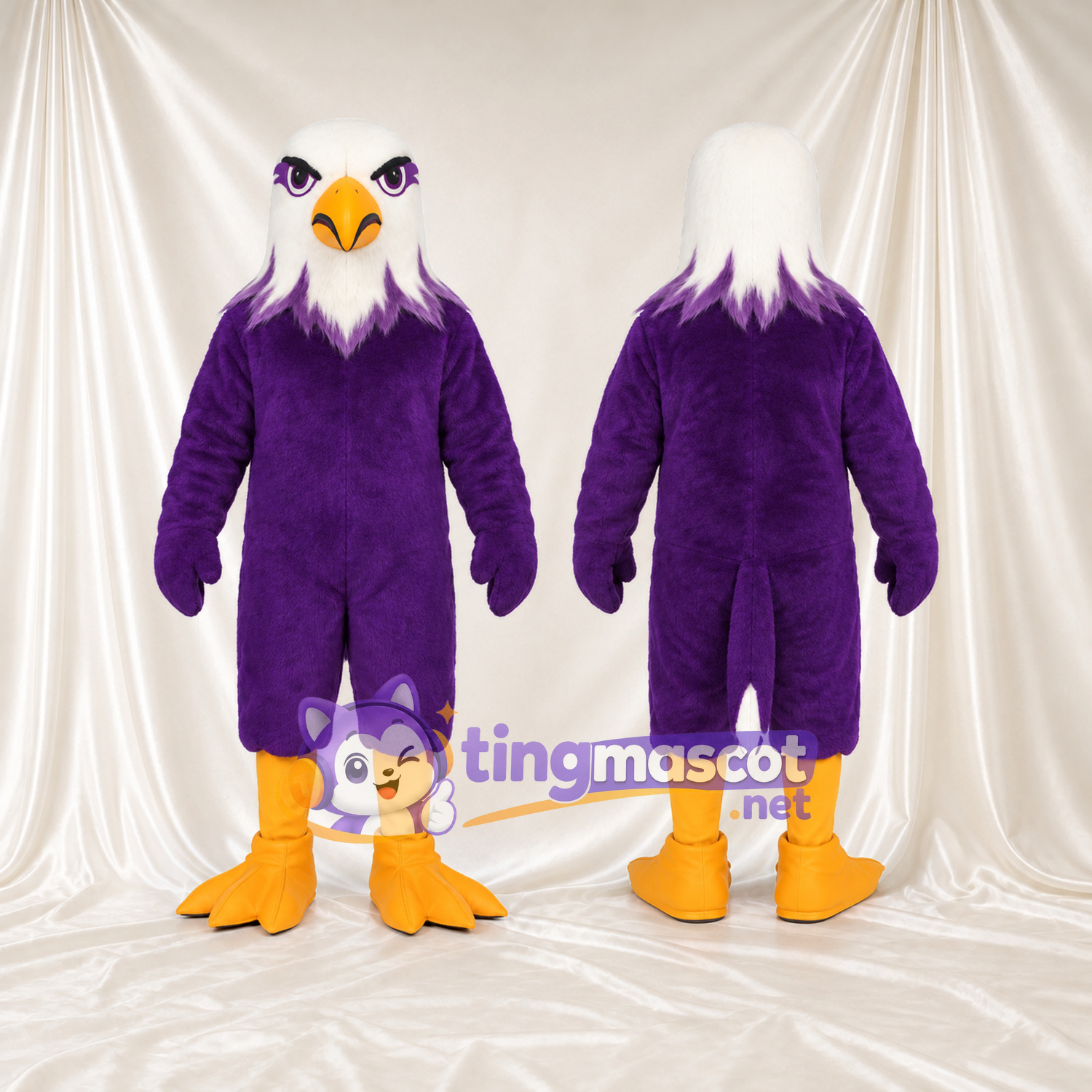 Costume de mascotte Aigle – violet – Tête (blanc); Pieds (orange)