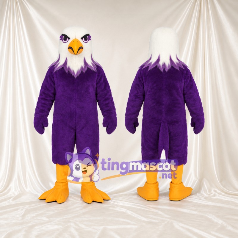 Maskottchenkostüm Adler – violett – Kopf (weiß); Füße (orange)