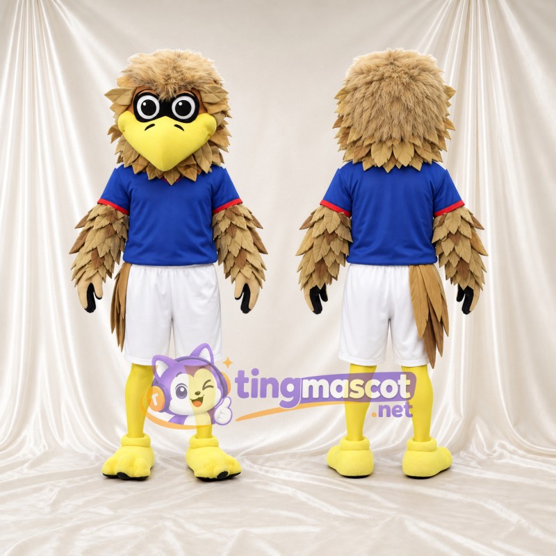 Beige Bird Mascot Costume - Blue Sports Shirt and White Shorts