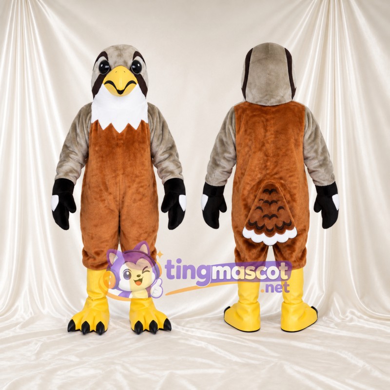 Costume de mascotte Faucon – marron – Bavette au cou (blanc); Ailes (gris)