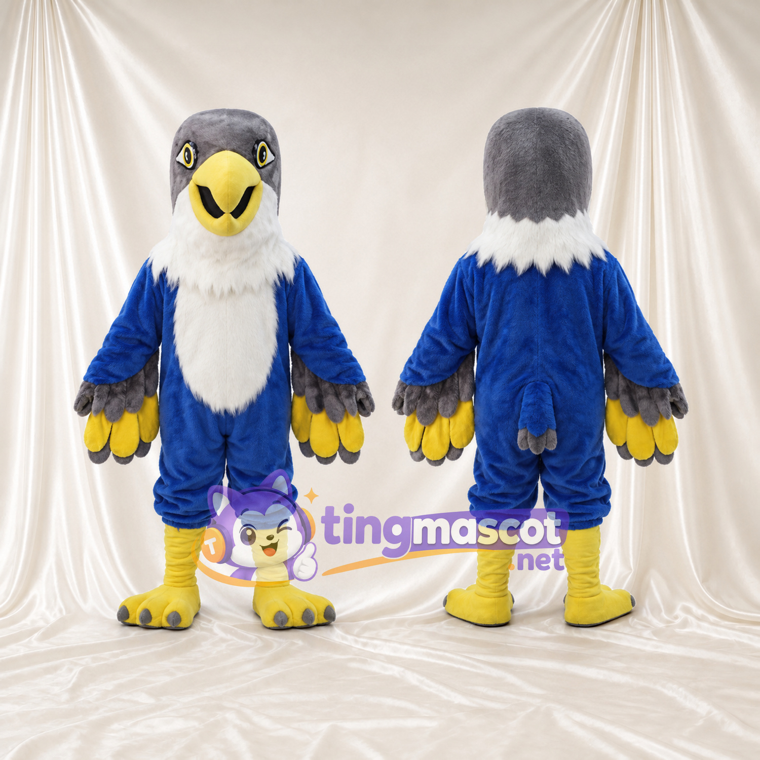 Costume de mascotte Faucon – bleu – Tête (gris); Torse (blanc)