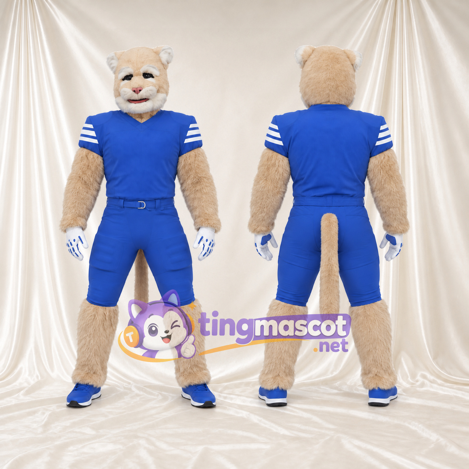 Beige Cougar Mascot Costume - Blue Sports Uniform and Blue Shoes Beige Cougar Mascot Costume - Blue Sports Uniform and Blue Shoes