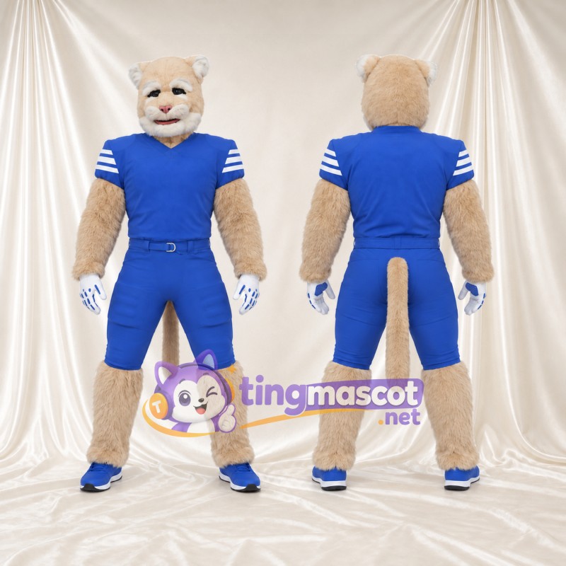 Beige Cougar Mascot Costume - Blue Sports Uniform and Blue Shoes