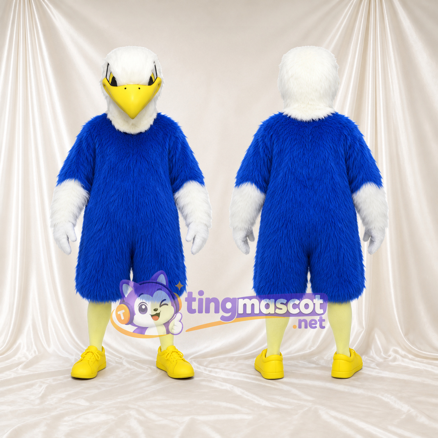 Costume de mascotte Pygargue à tête blanche – bleu – Mains (blanc); Chaussures (jaune) Costume de mascotte Pygargue à tête blanche – bleu – Mains (blanc); Chaussures (jaune)