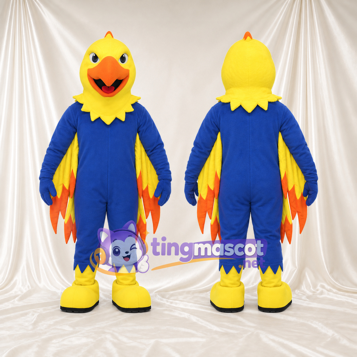 Costume de mascotte Oiseau – jaune / bleu – Plumes des ailes (orange); Chaussures (jaune) Costume de mascotte Oiseau – jaune / bleu – Plumes des ailes (orange); Chaussures (jaune)