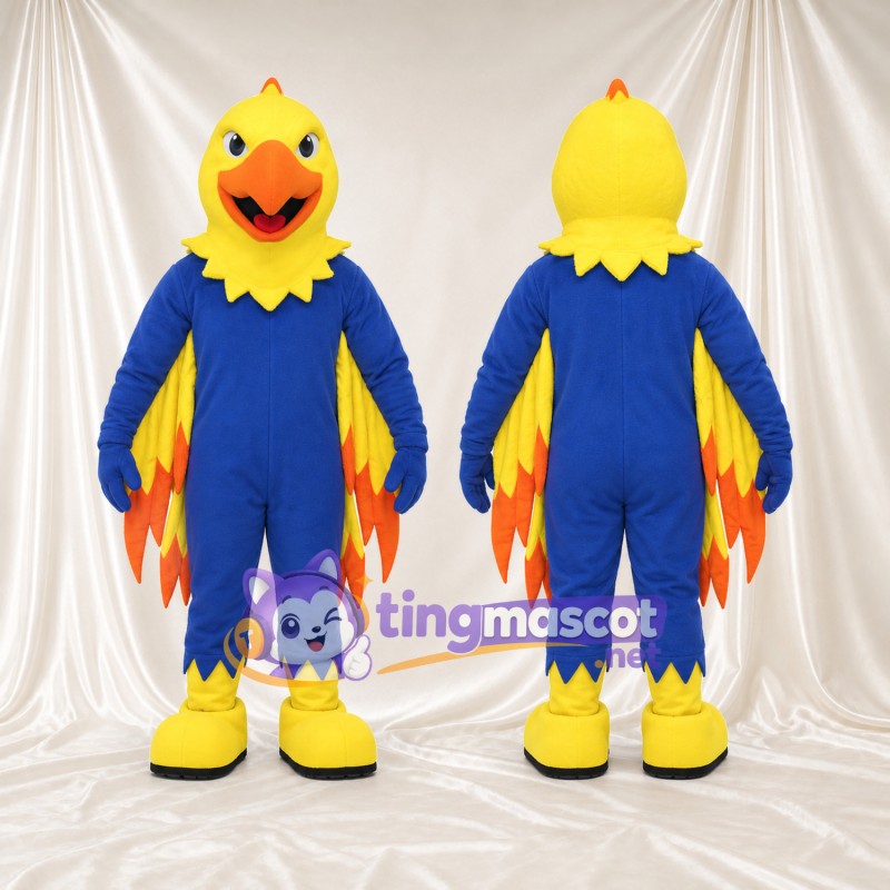 Costume de mascotte Oiseau – jaune / bleu – Plumes des ailes (orange); Chaussures (jaune)