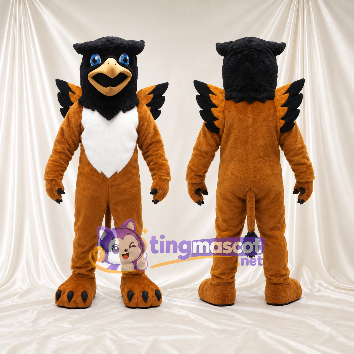 Costume de mascotte Griffon – marron – Tête d’aigle (noir); Torse (blanc)
