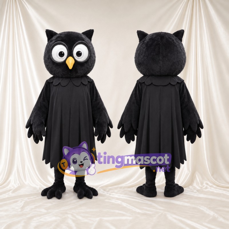 Black Owl Mascot Costume - Pleated Feather Tunic and Round White Eyes