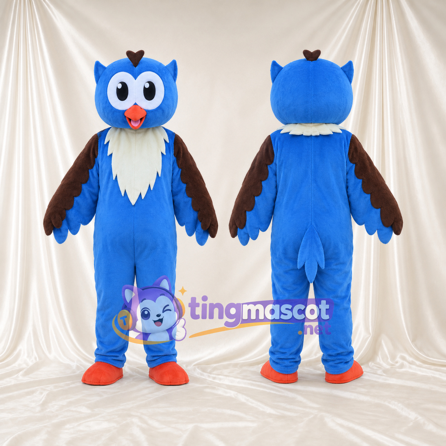 Costume de mascotte Hibou – bleu – Ailes (marron); Cou (blanc); Plumes Costume de mascotte Hibou – bleu – Ailes (marron); Cou (blanc); Plumes