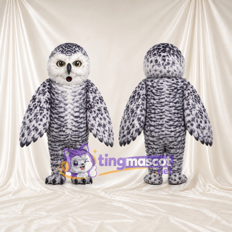 Costume de mascotte Harfang des neiges – selon la photo – Plumes (noir, moucheté); Visage (blanc)