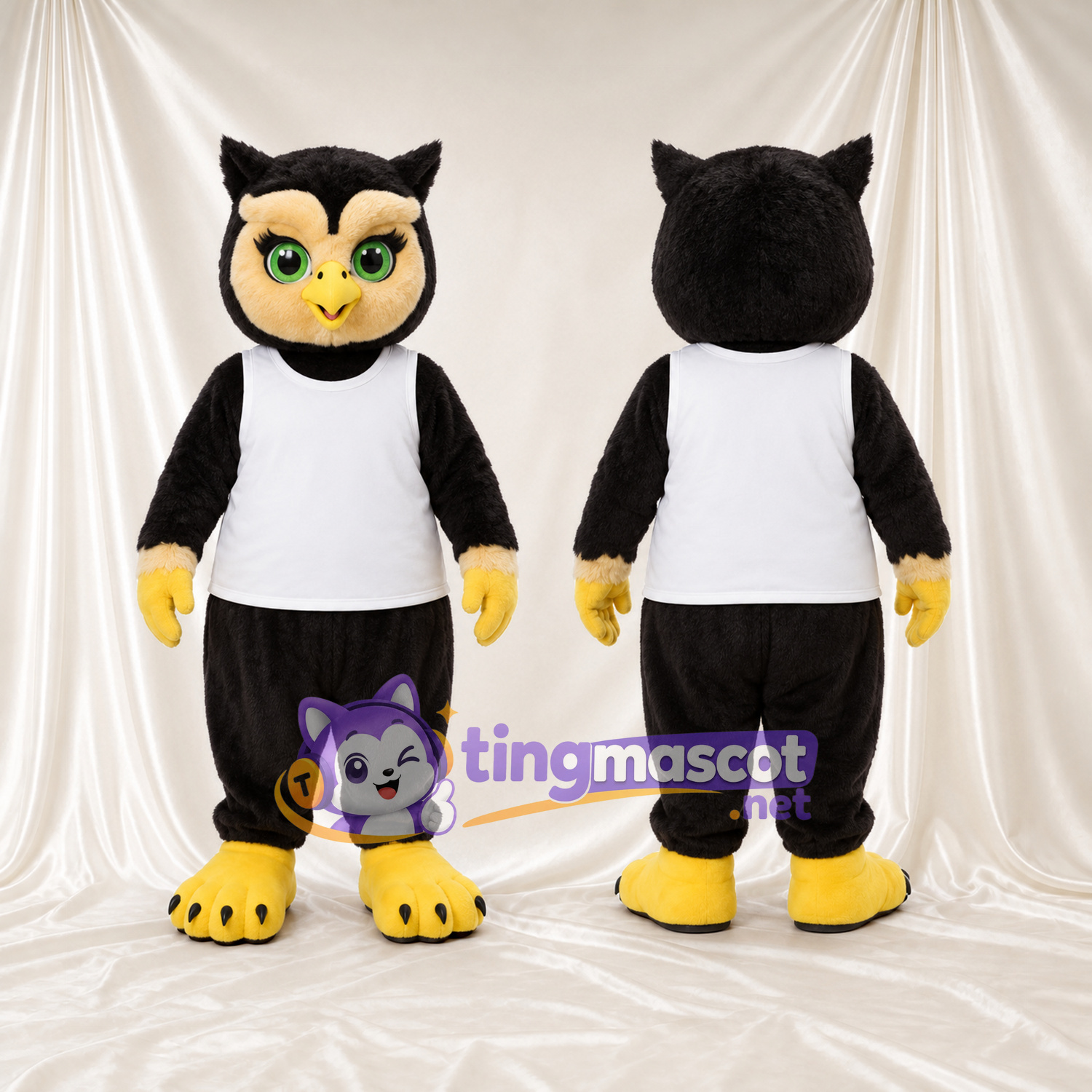 Black Owl Mascot Costume - White Sports Vest and Yellow Feet Black Owl Mascot Costume - White Sports Vest and Yellow Feet