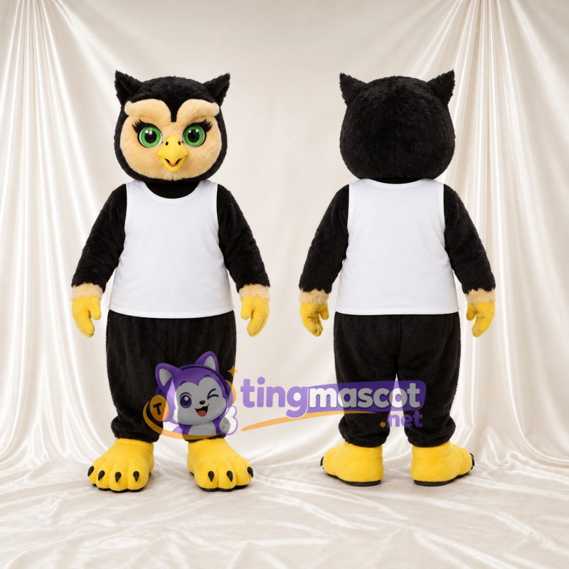 Black Owl Mascot Costume - White Sports Vest and Yellow Feet