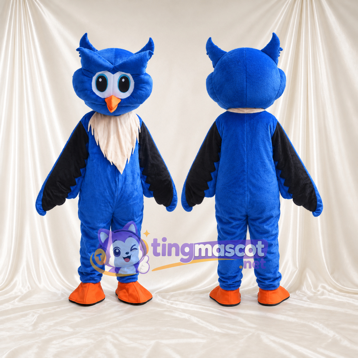 Costume de mascotte Hibou – bleu – Cou (blanc); Plumes; Pieds (orange) Costume de mascotte Hibou – bleu – Cou (blanc); Plumes; Pieds (orange)