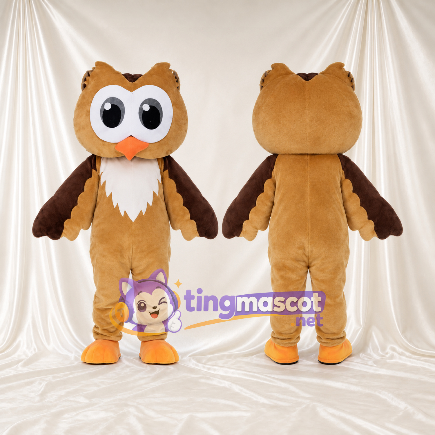 Costume de mascotte Hibou – brun clair – Yeux (grand, blanc); Ailes (marron) Costume de mascotte Hibou – brun clair – Yeux (grand, blanc); Ailes (marron)