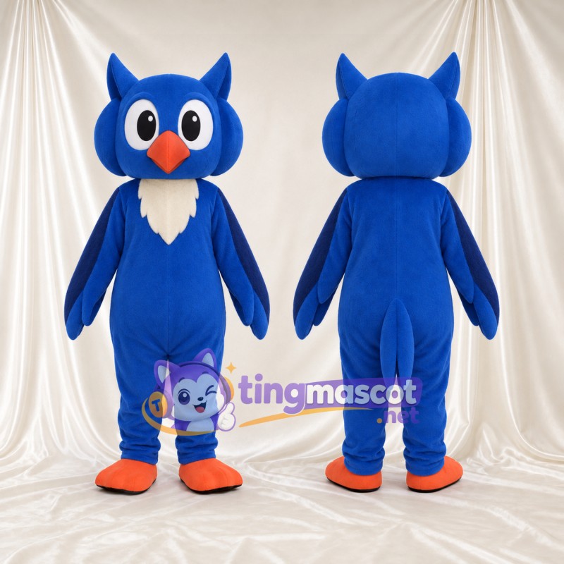 Costume de mascotte Hibou – bleu – Bec (orange); Bavette au cou (crème)