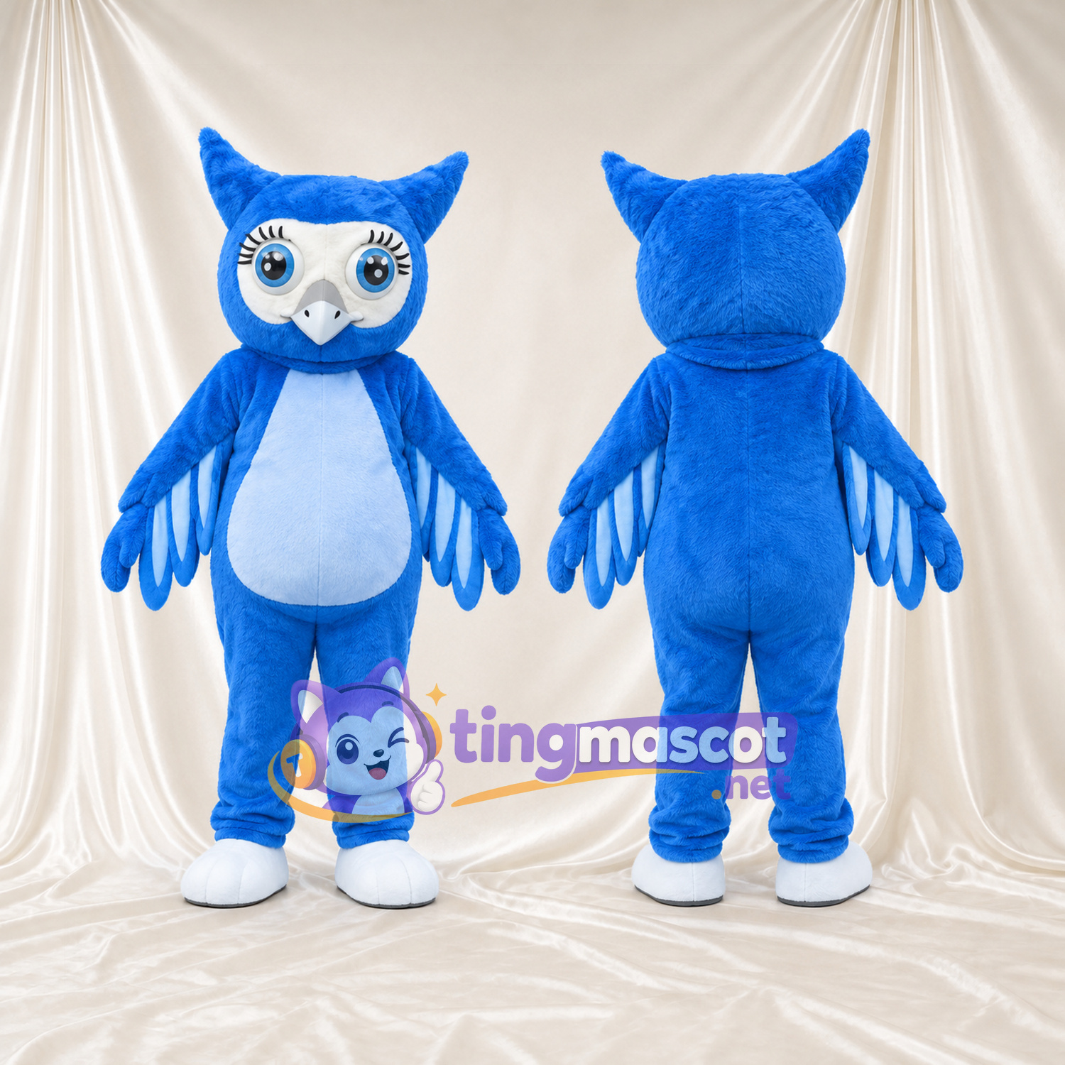 Costume de mascotte Hibou – bleu – Cils (long); Chaussures (blanc)
