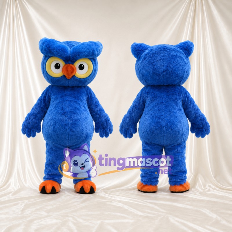 Costume de mascotte Hibou – bleu – Cercles autour des yeux (jaune); Serres (orange)