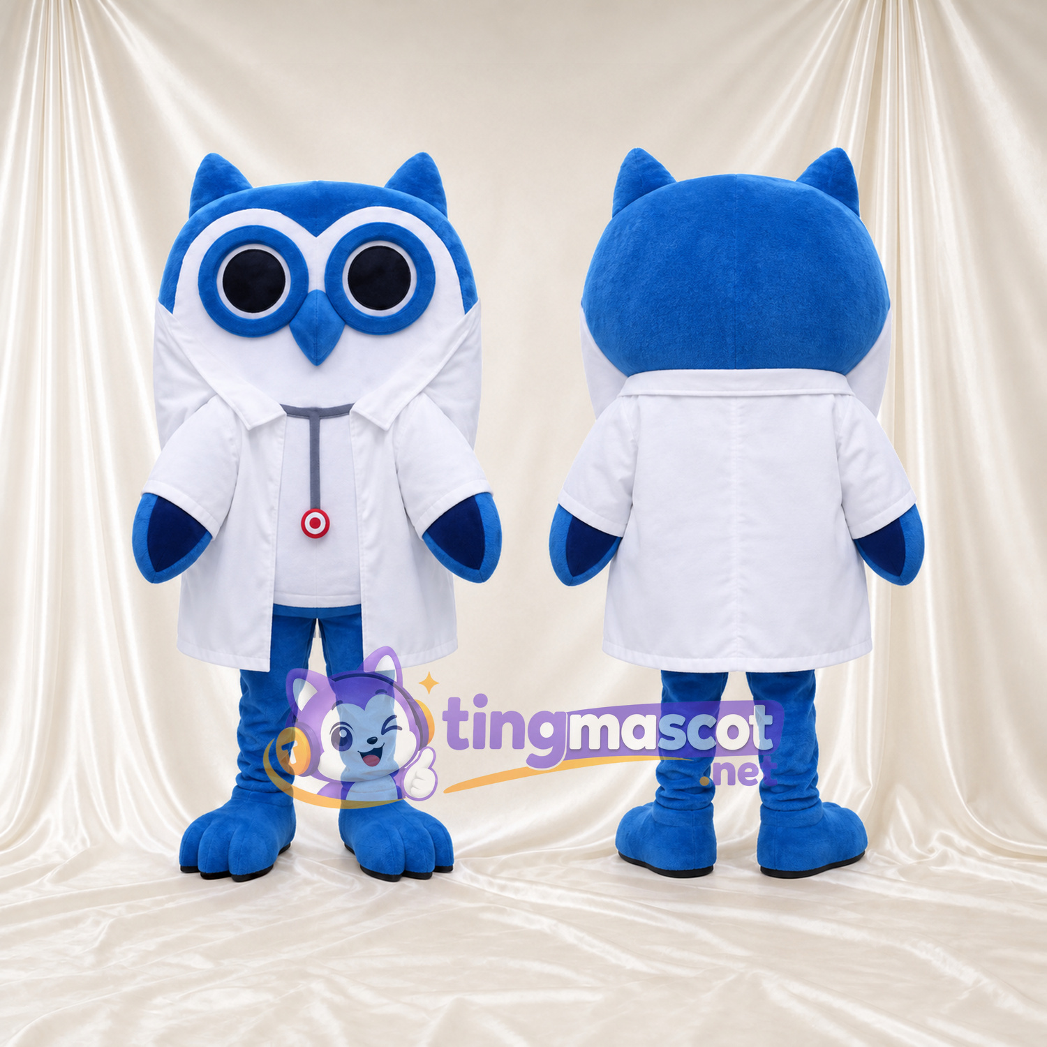 Blue Doctor Owl Mascot Costume - White Coat and Round Dark Eyes Blue Doctor Owl Mascot Costume - White Coat and Round Dark Eyes