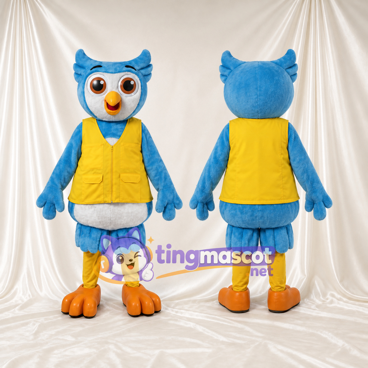 Costume de mascotte Hibou – bleu clair – Gilet (jaune); Pieds (orange) Costume de mascotte Hibou – bleu clair – Gilet (jaune); Pieds (orange)