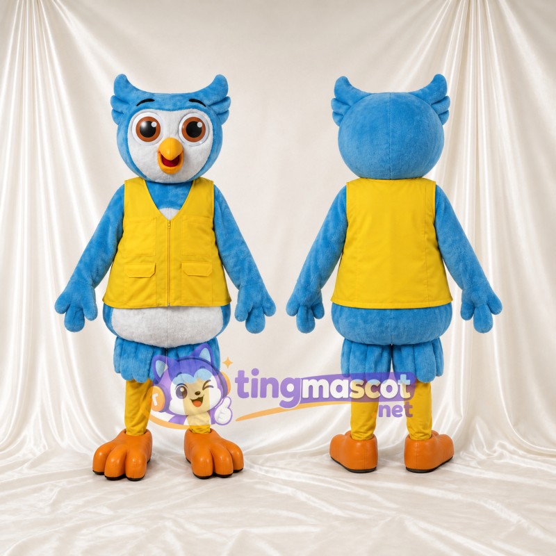 Costume de mascotte Hibou – bleu clair – Gilet (jaune); Pieds (orange)
