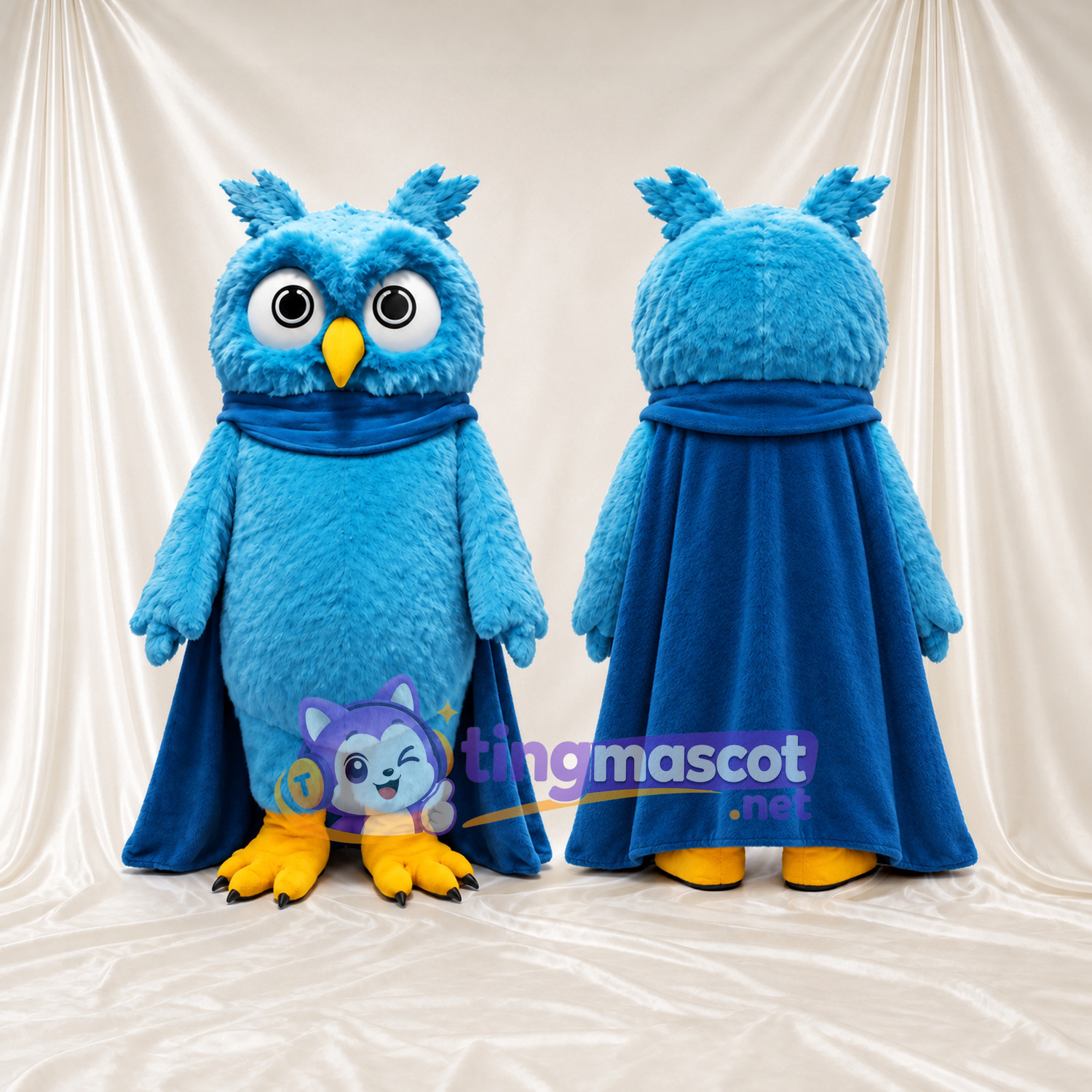 Costume de mascotte Hibou – turquoise – Cape (long, bleu marine); Pieds (jaune)