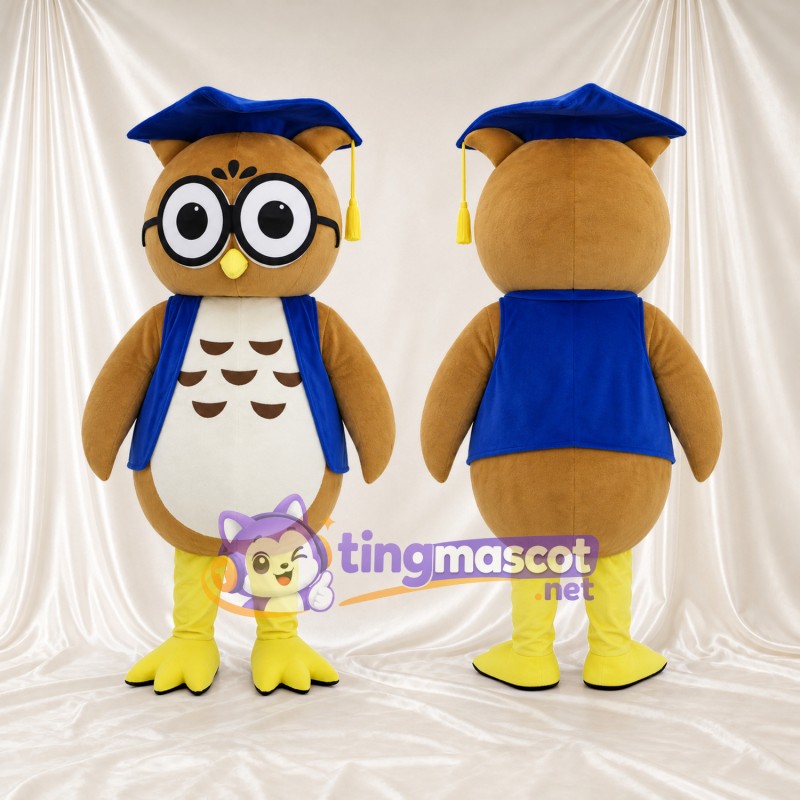 Costume de mascotte Hibou – brun clair – Lunettes (rond); Casquette (bleu)