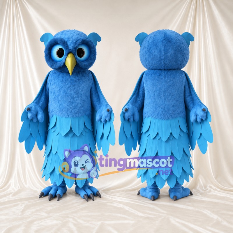 Costume de mascotte Hibou – bleu – Corps en plumes (à plusieurs couches); Serres (bleu)