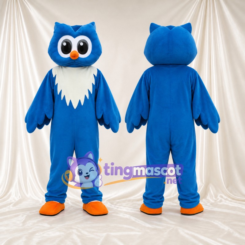 Costume de mascotte Hibou – bleu – Bavette au cou (blanc); Chaussures (orange)
