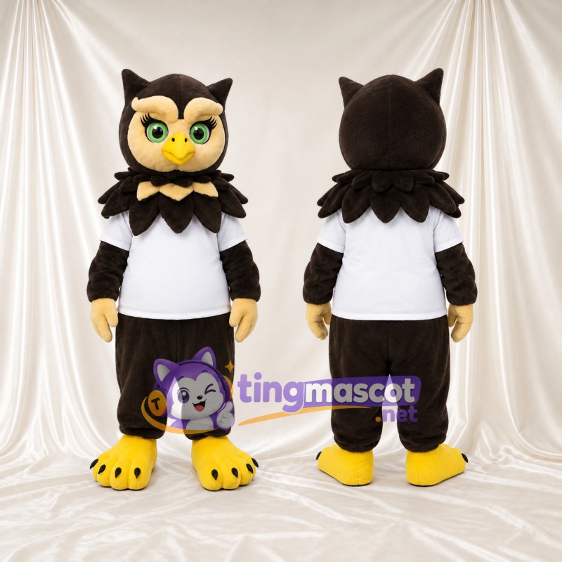 Black Owl Mascot Costume - White T-Shirt and Beige Bow Tie