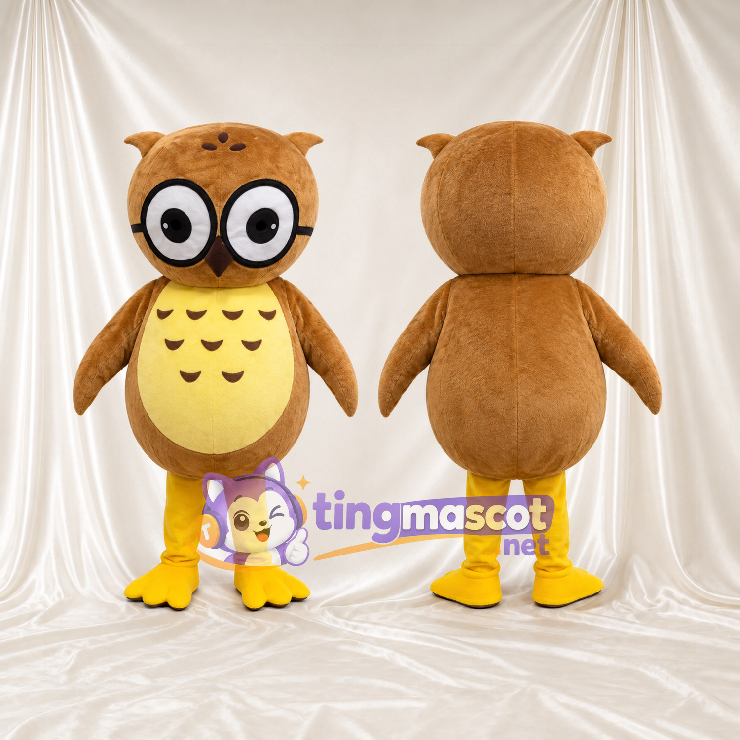 Costume de mascotte Hibou – brun clair – Lunettes (rond); Ventre (jaune, à motifs) Costume de mascotte Hibou – brun clair – Lunettes (rond); Ventre (jaune, à motifs)