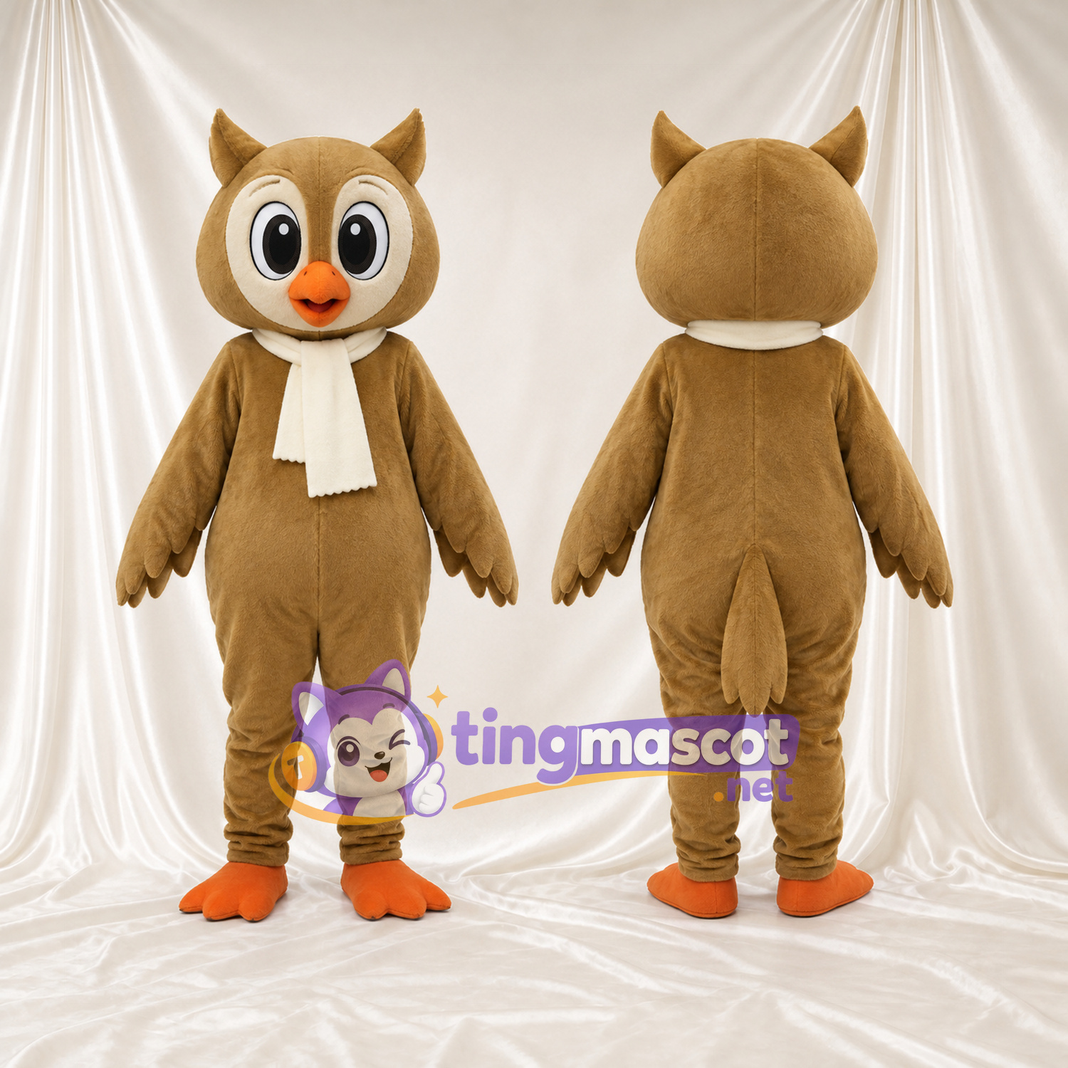 Costume de mascotte Hibou – brun clair – Écharpe (crème); Pieds (orange) Costume de mascotte Hibou – brun clair – Écharpe (crème); Pieds (orange)