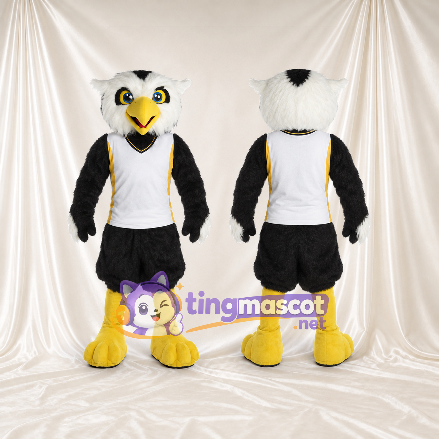 Black and White Owl Mascot Costume - White Sports Vest and Black Shorts Black and White Owl Mascot Costume - White Sports Vest and Black Shorts