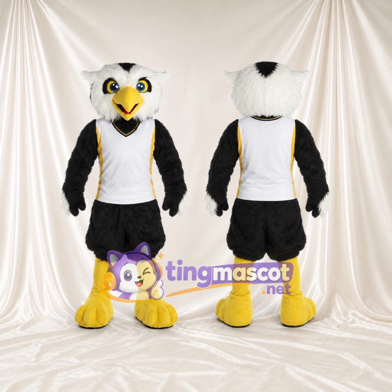 Black and White Owl Mascot Costume - White Sports Vest and Black Shorts