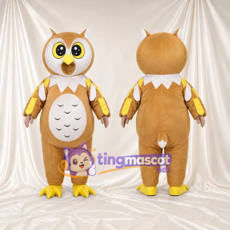 Costume de mascotte Hibou – brun clair – Ventre (blanc, à motifs); Plumes des ailes (jaune)