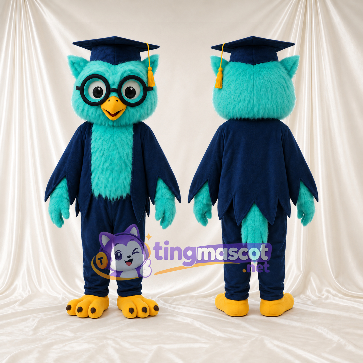Costume de mascotte Hibou – turquoise – Casquette (bleu marine); Costume (bleu marine) Costume de mascotte Hibou – turquoise – Casquette (bleu marine); Costume (bleu marine)