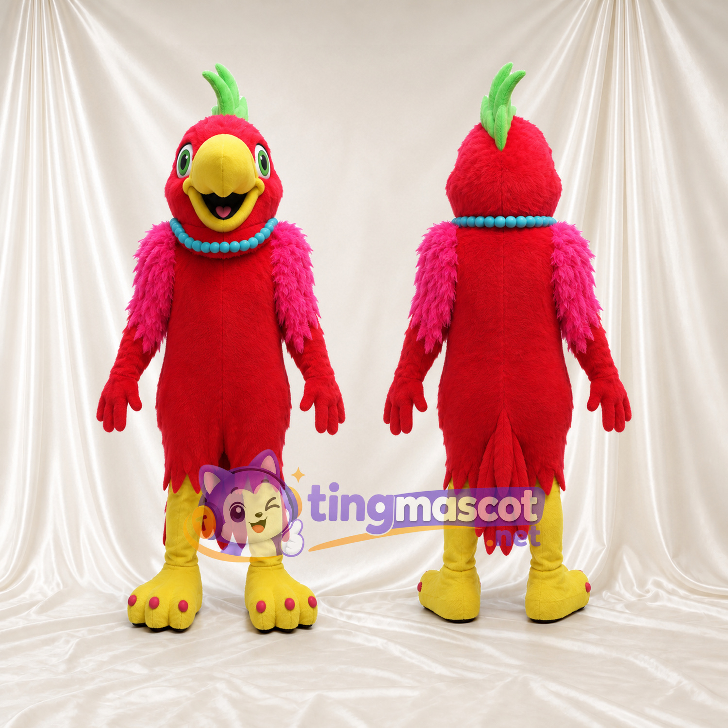 Costume de mascotte Perroquet – rouge – Ailes (rose); Collier (bleu) Costume de mascotte Perroquet – rouge – Ailes (rose); Collier (bleu)