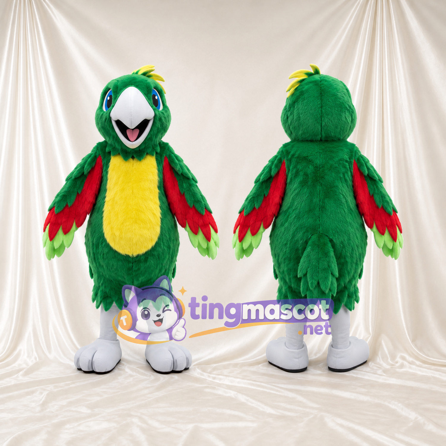 Costume de mascotte Perroquet – vert – Ailes (rouge); Pieds (blanc) Costume de mascotte Perroquet – vert – Ailes (rouge); Pieds (blanc)