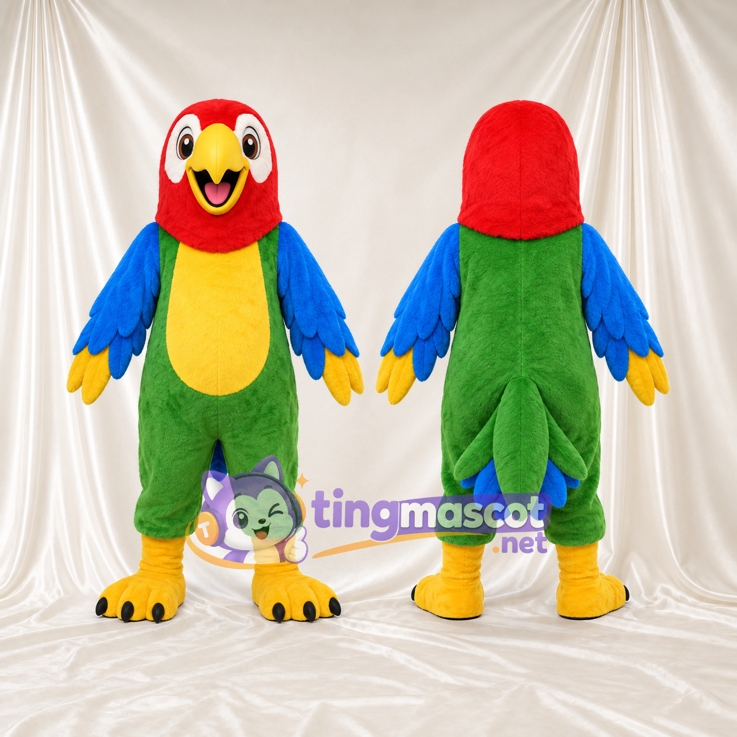 Maskottchenkostüm Papagei – mehrfarbig – Kopf (rot); Flügel (blau); Körper (grün) Maskottchenkostüm Papagei – mehrfarbig – Kopf (rot); Flügel (blau); Körper (grün)