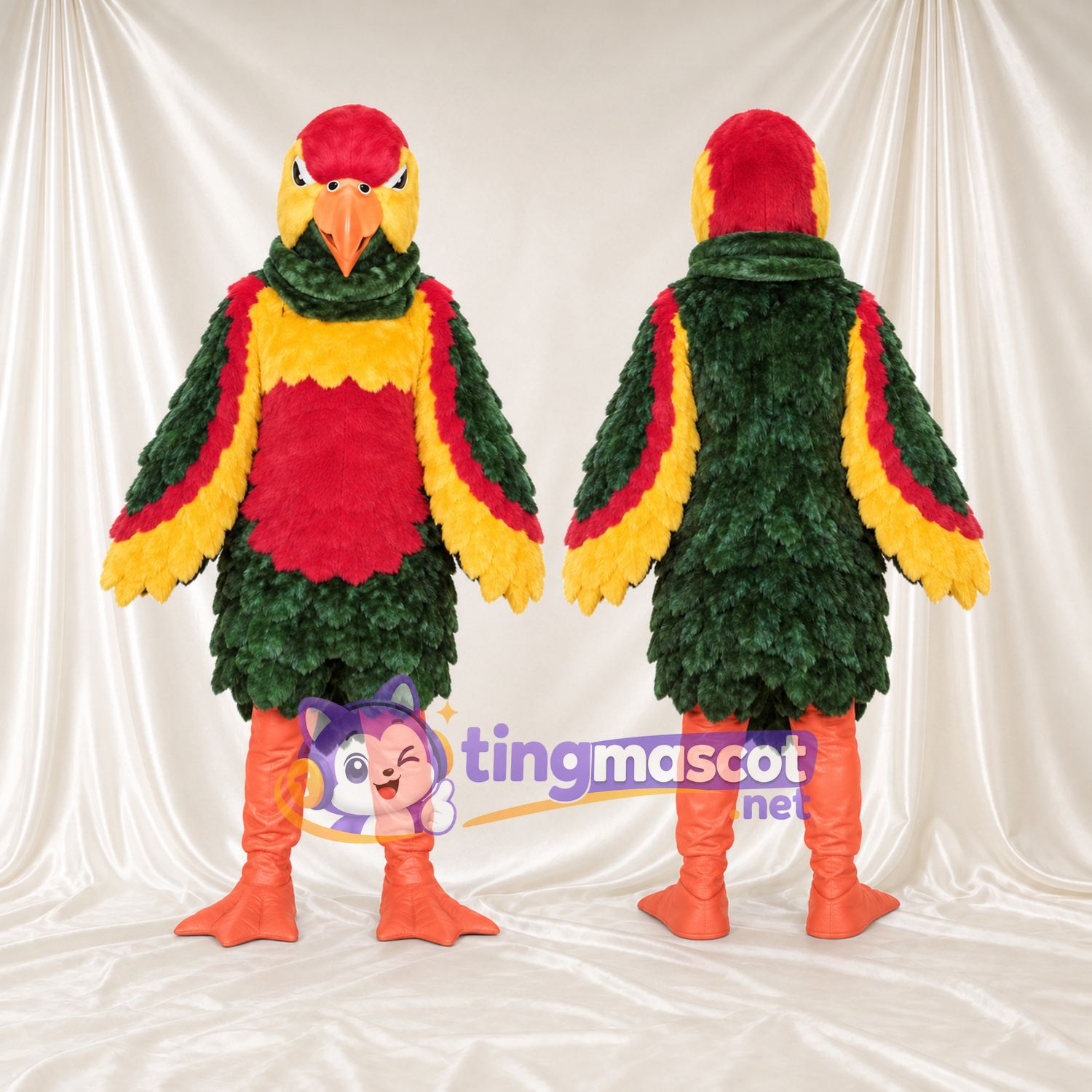Green and Red Parrot Mascot Costume - Layered Feathers and Orange Legs Green and Red Parrot Mascot Costume - Layered Feathers and Orange Legs