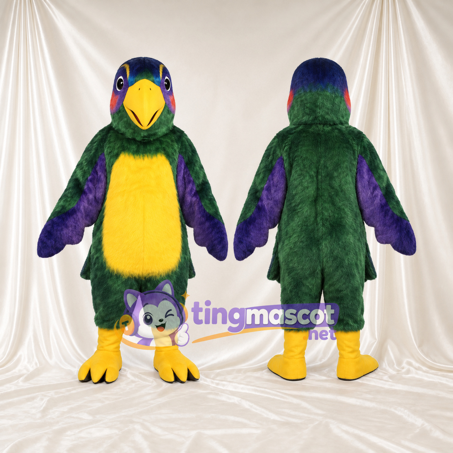 Costume de mascotte Perroquet – vert – Ailes (violet); Ventre (jaune) Costume de mascotte Perroquet – vert – Ailes (violet); Ventre (jaune)